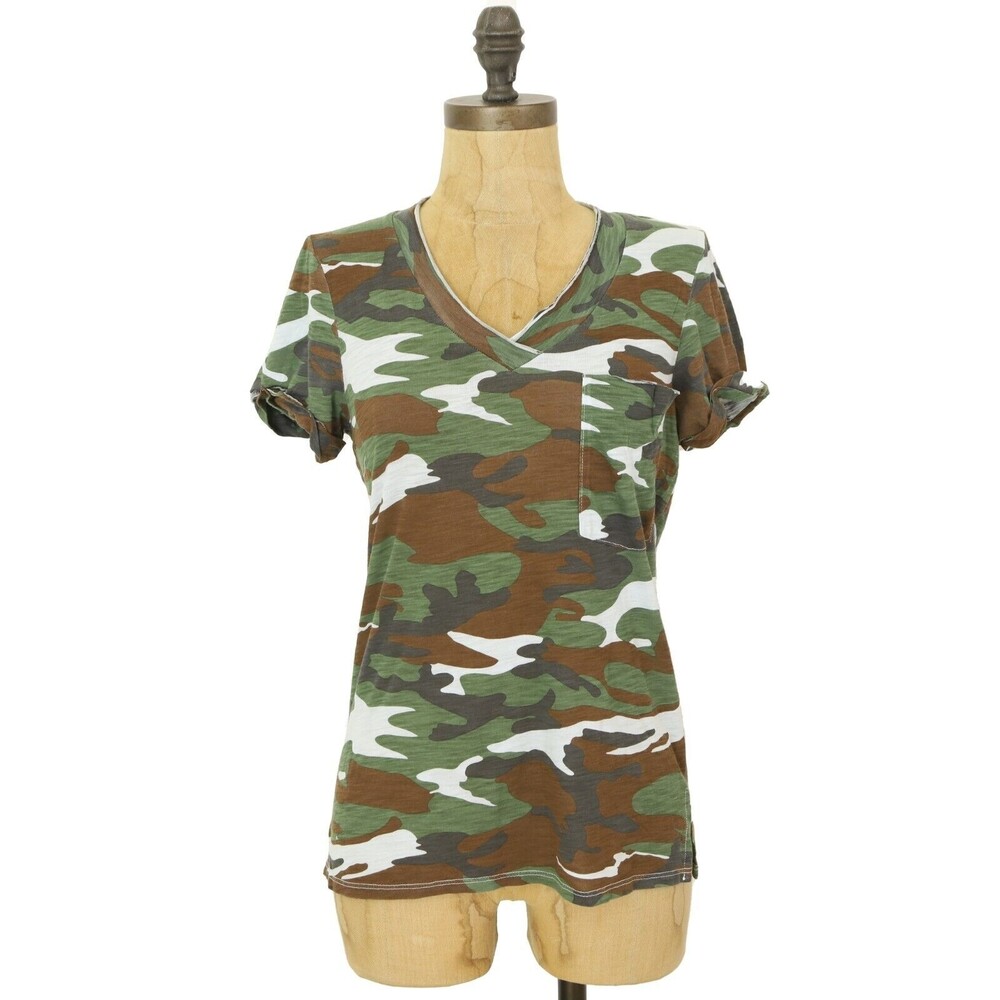 T.La Anthropologie Classic Pocket V-Neck Tee XS Camo Print Green T-Shirt NEW B43